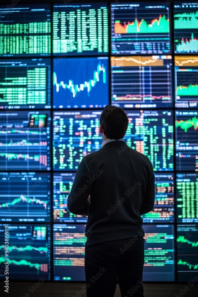 A financial analyst in front of a wall of screens showing real-time big data visualizations of market trends. The data includes stock prices, trading volumes, Generative AI A financial analyst in front of a wall of screens showing real-time big data visualizations of market trends. The data includes stock prices, trading volumes, Generative AI
