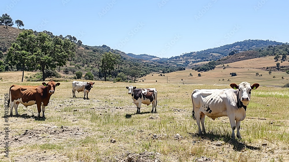 Obraz premium Four cows grazing on an open hillside in a sunny rural landscape.