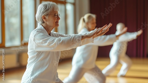 Elderly women practice Tai Chi in a bright studio, promoting health, balance, and tranquility through mindful movement.