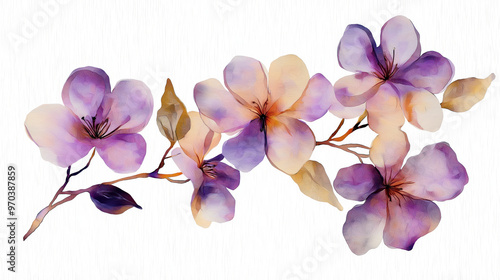 Fototapeta Naklejka Na Ścianę i Meble -  Beautiful watercolor illustration of delicate purple flowers on a soft textured background, perfect for design projects.