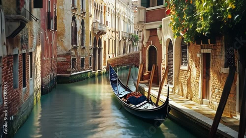 A serene Venetian canal with a gondola, surrounded by charming architecture and greenery.