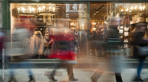 Motion-blurred shoppers walking past a storefront window, capturing the dynamic movement and busy atmosphere of urban retail environments, ideal for illustrating consumer behavior and modern shopping  photo