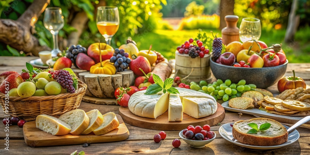 Vibrant table setting featuring a delectable arrangement of fresh fruits, artisanal cheeses, and crusty bread, perfectly styled to evoke warmth and culinary delight. Vibrant table setting featuring a delectable arrangement of fresh fruits, artisanal cheeses, and crusty bread, perfectly styled to evoke warmth and culinary delight.