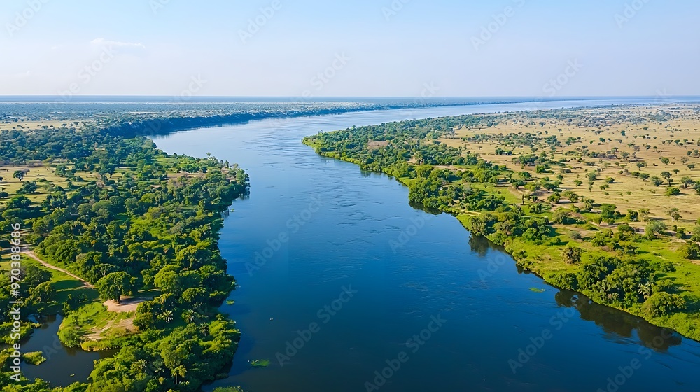 Scenic aerial view of a river meandering through lush green landscape. Scenic aerial view of a river meandering through lush green landscape.