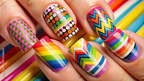 Vibrant colorful geometric patterns and bold stripes adorn the neatly manicured fingers of a youthful hand, showcasing trendy and creative nail art inspiration.