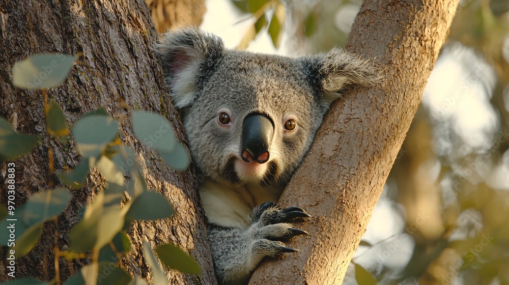 Obraz premium Koala Peeking Behind Tree in Sunlight