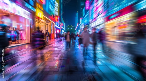 Motion-blurred shoppers walking past a storefront window, capturing the dynamic movement and busy atmosphere of urban retail environments, ideal for illustrating consumer behavior and modern shopping  photo