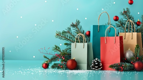 Festive christmas shopping banner featuring multicolored paper shopping bags, perfect for holiday sales promotions, retail marketing campaigns, and online e-commerce designs celebrating seasonal disco