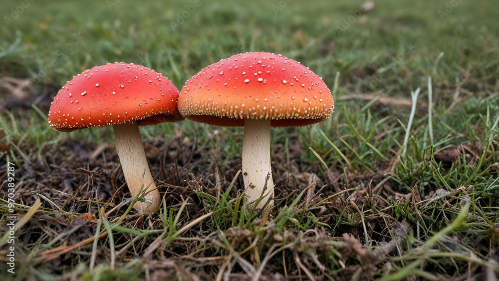 Fly Agaric red and white poisonous mushroom or toadstool background in the forest landscape background,
Fly Agaric red and white poisonous mushroom or toadstool background in the forest landscape background,