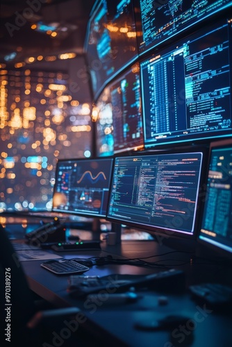 A smart city control room where operators monitor big data visualizations of urban metrics. The displays include traffic flow, energy usage, and environmental data, Generative AI