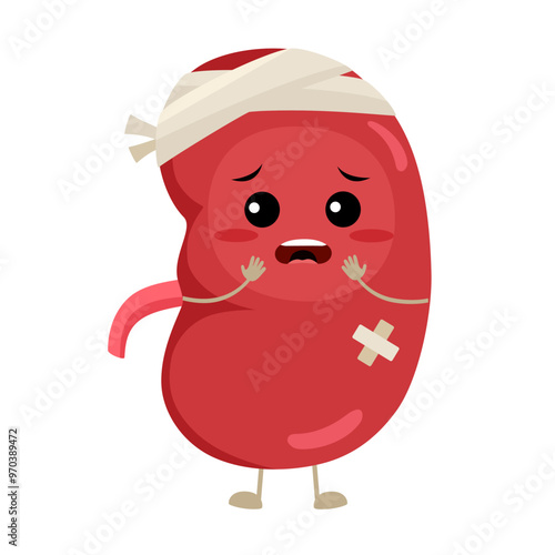 Sick kidney organ cartoon character. Unhealthy kidney disease. Sad kidney with pain ache on face with patch. Kidney failure concept.