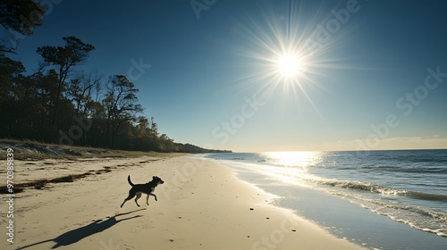 A dog chasing a cat under a clear blue sky, near a beach where the sea meets the horizon, with the sun shining brightly above and trees nearby photo