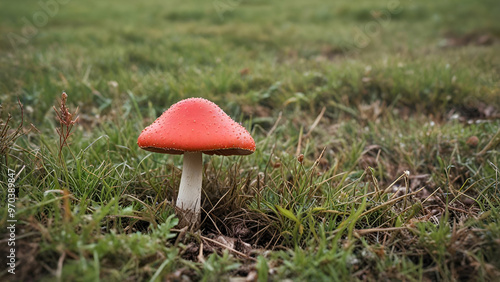 Fly Agaric red and white poisonous mushroom or toadstool background in the forest landscape background,
 photo