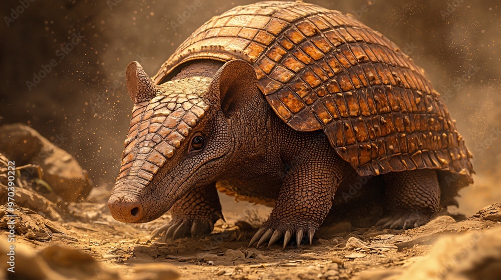 Fototapeta premium Armadillo Peering into Camera on Dusty Ground