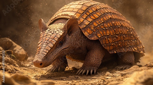 Armadillo Peering into Camera on Dusty Ground photo