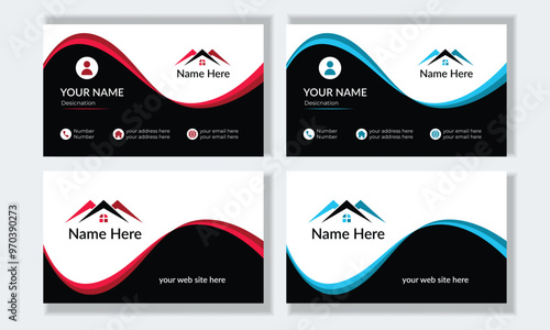Creative modern clean minimalist double sided real estate business card design template with multiple color variation with red and blue