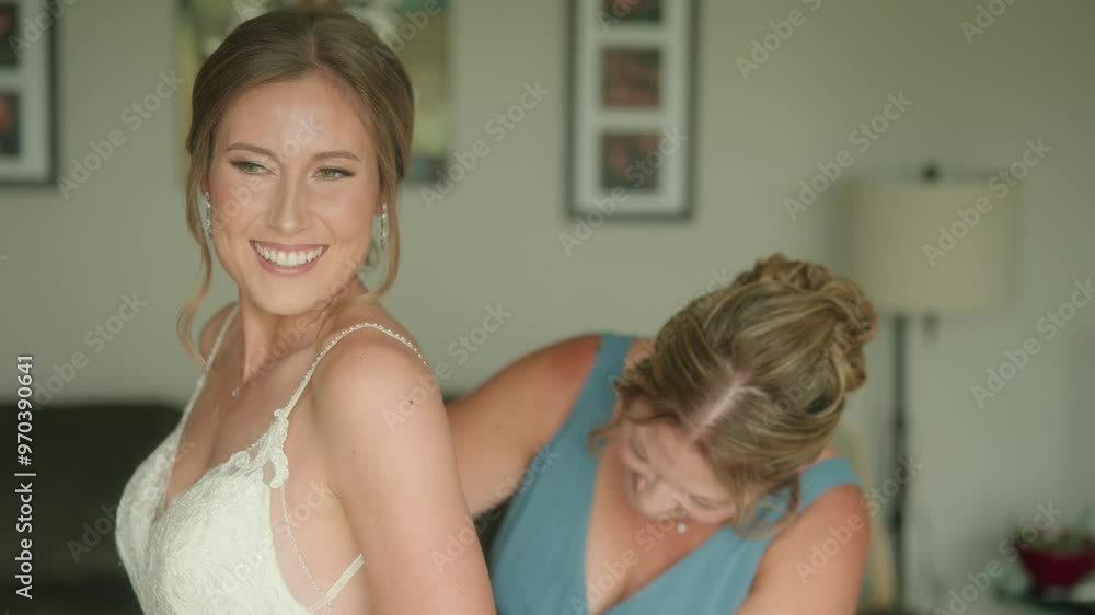 Bride stands inside as mother finishes doing up back of her dress and celebrates Bride stands inside as mother finishes doing up back of her dress and celebrates