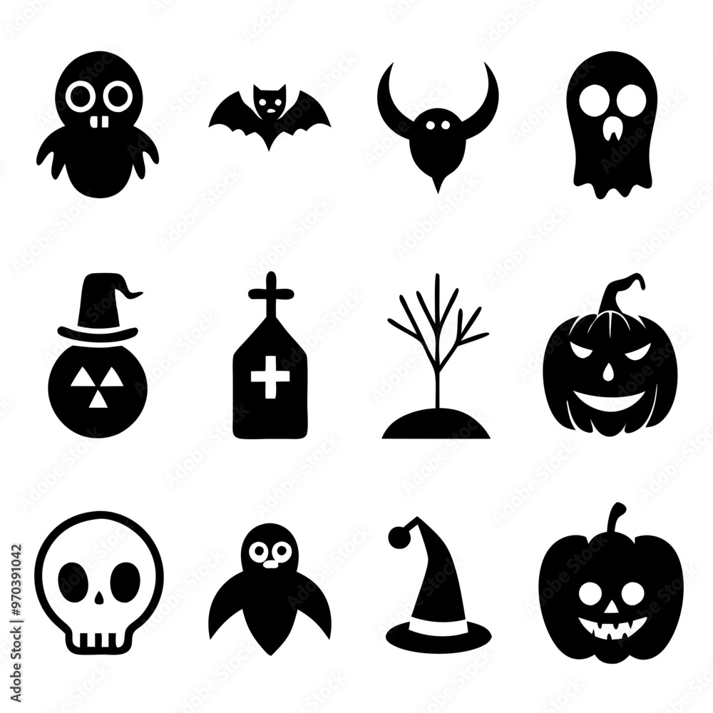 Halloween icons set. Pumpkin, ghost, spider, skull, bat, cat, bone, witch, tree, cemetery and evil. Vector illustration. Halloween icons set. Pumpkin, ghost, spider, skull, bat, cat, bone, witch, tree, cemetery and evil. Vector illustration.