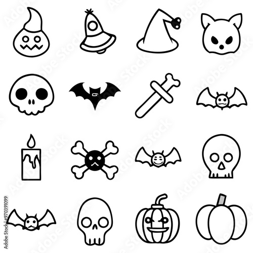 Halloween icons set. Pumpkin, ghost, spider, skull,  bat, cat, bone, witch, tree, cemetery and evil. Vector illustration.