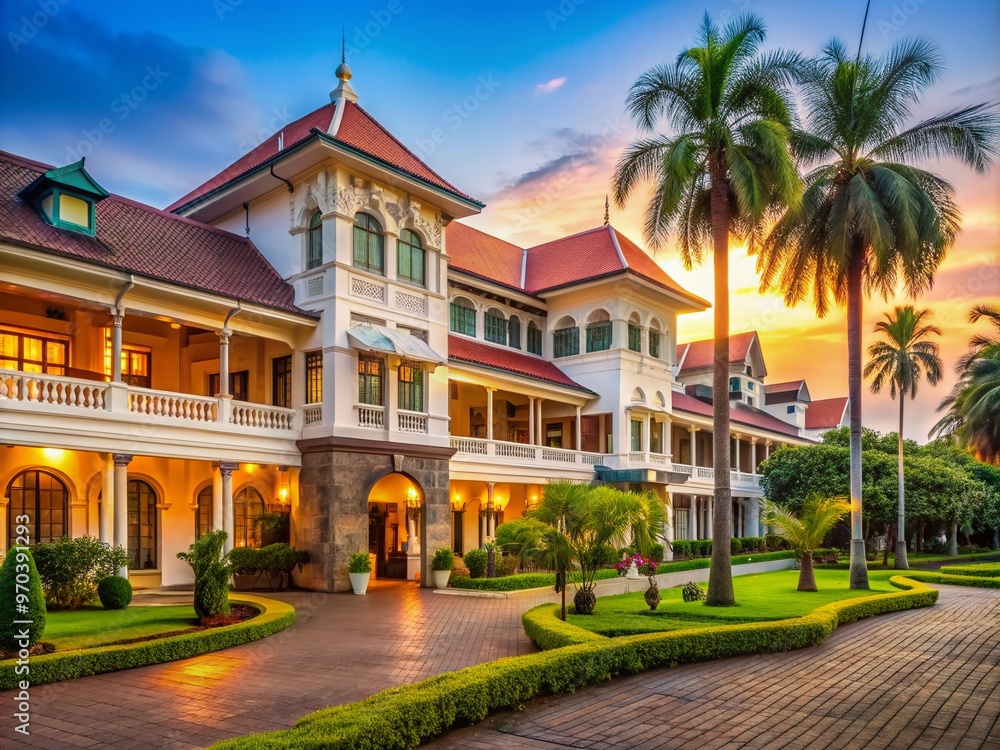 Historic Majapahit Hotel in Surabaya, Indonesia, showcases colonial architecture and rich heritage, originally opened as Hotel Oranje in 1911 and later renamed Hotel Yamato during Japanese occupation. Historic Majapahit Hotel in Surabaya, Indonesia, showcases colonial architecture and rich heritage, originally opened as Hotel Oranje in 1911 and later renamed Hotel Yamato during Japanese occupation.