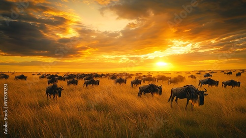 Generative AI Image of a Group of Wildebeest in the Vast Savanna with Sunset Sunrise Sky Wallpaper