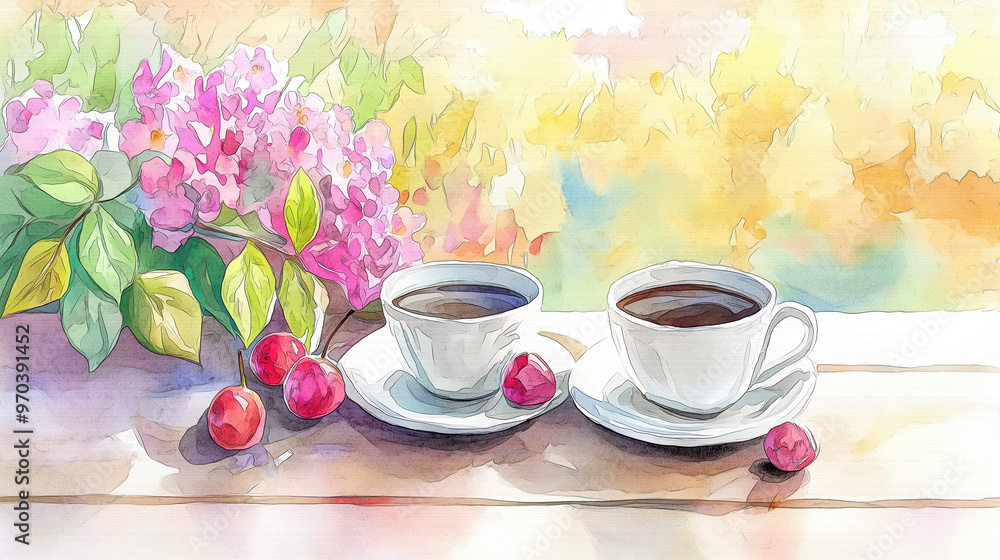 Two cups of coffee on a table adorned with vibrant flowers, embodying tranquility and warmth in a serene setting. Two cups of coffee on a table adorned with vibrant flowers, embodying tranquility and warmth in a serene setting.