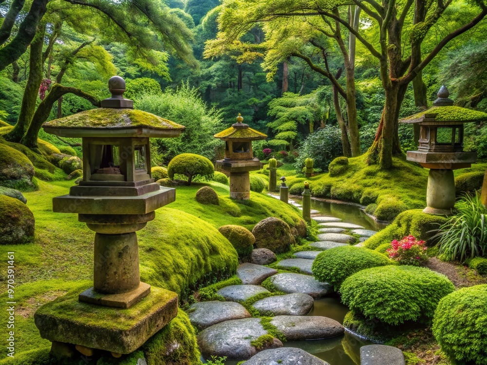 Serene Japanese garden with natural stone lanterns, moss-covered pathways, and carefully pruned trees, creating a harmonious balance between nature and tranquility. Serene Japanese garden with natural stone lanterns, moss-covered pathways, and carefully pruned trees, creating a harmonious balance between nature and tranquility.