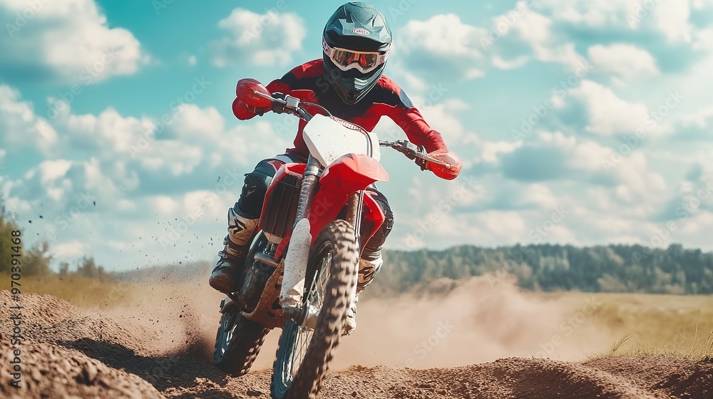 A motocross rider rides a motorbike A motocross rider rides a motorbike