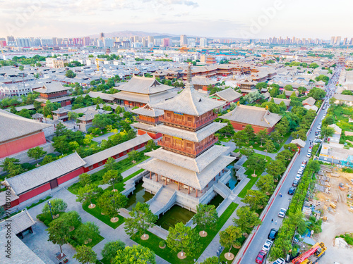 Aerial photography of Huayan Temple in Datong, Shanxi Province on a sunny summer day with blazing clouds photo