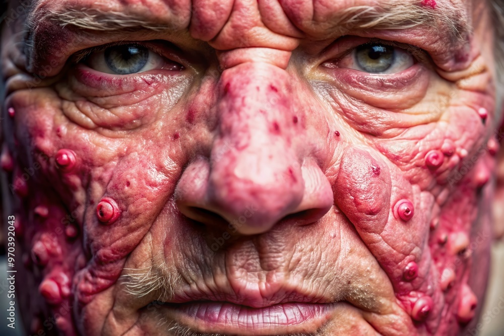 Macabre, eerie close-up of rough, blemished pink skin with bulging, raised pores, evoking a sense of unease, dread, and primal horror. Macabre, eerie close-up of rough, blemished pink skin with bulging, raised pores, evoking a sense of unease, dread, and primal horror.