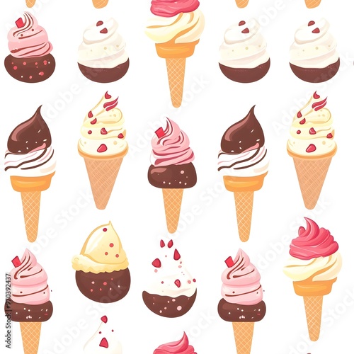 Delightful Seamless Pattern of Ice Cream Scoops  Cones  and Toppings on a White Background photo