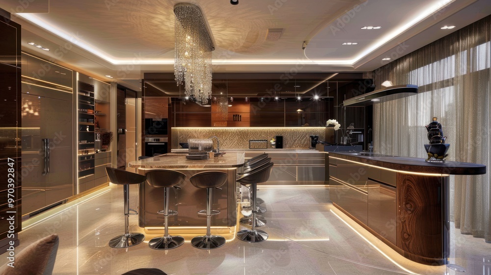 Luxurious kitchen design with elegant modern pendant lights AI generated image Luxurious kitchen design with elegant modern pendant lights AI generated image