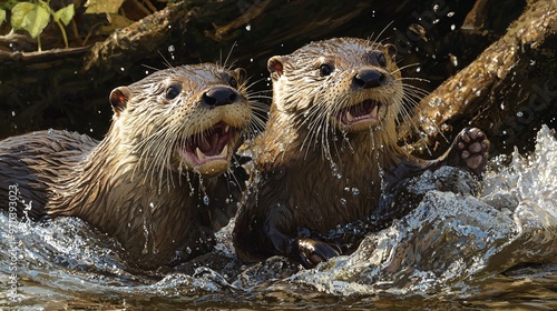 Otter Family Playing by Riverbank