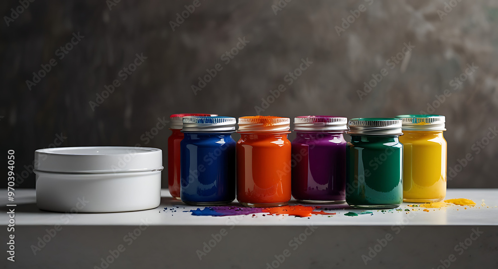 A premium paint set in small containers on a textured plinth. Highlighting its high-quality materials and vibrant colors, with copy space
A premium paint set in small containers on a textured plinth. Highlighting its high-quality materials and vibrant colors, with copy space