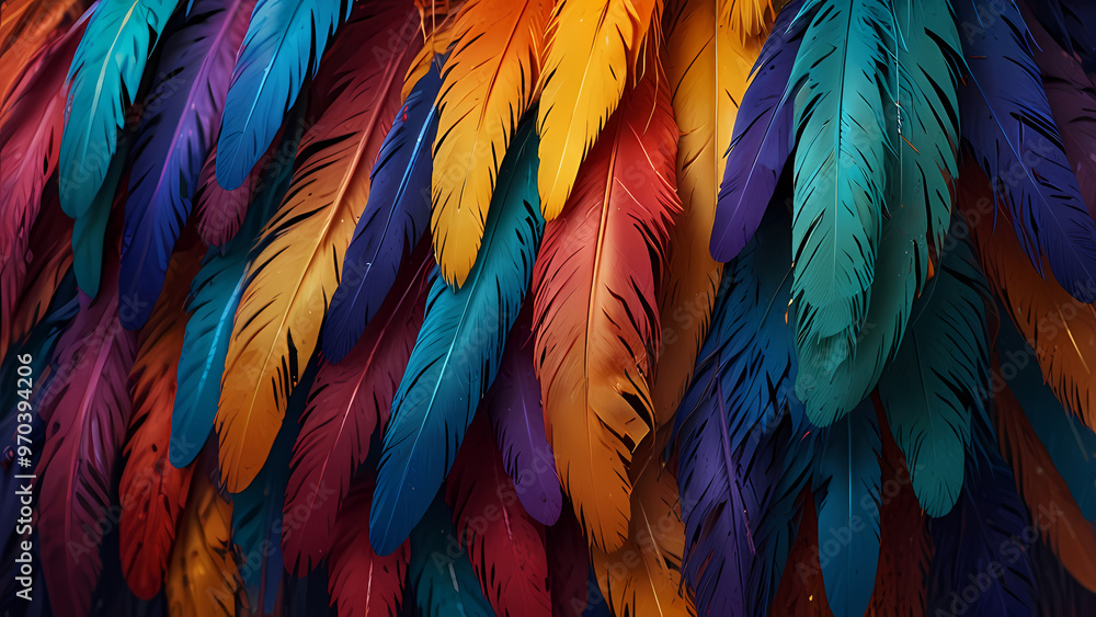 Obraz premium Abstract composition of vibrant, colorful feathers arranged in a circular motion