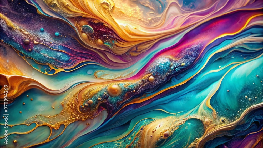 Vibrant, iridescent currents of color undulate and swirl, blending metallic sheens with airy textures, evoking a sense of dynamic, luxurious organic movement in abstract fluid art. Vibrant, iridescent currents of color undulate and swirl, blending metallic sheens with airy textures, evoking a sense of dynamic, luxurious organic movement in abstract fluid art.
