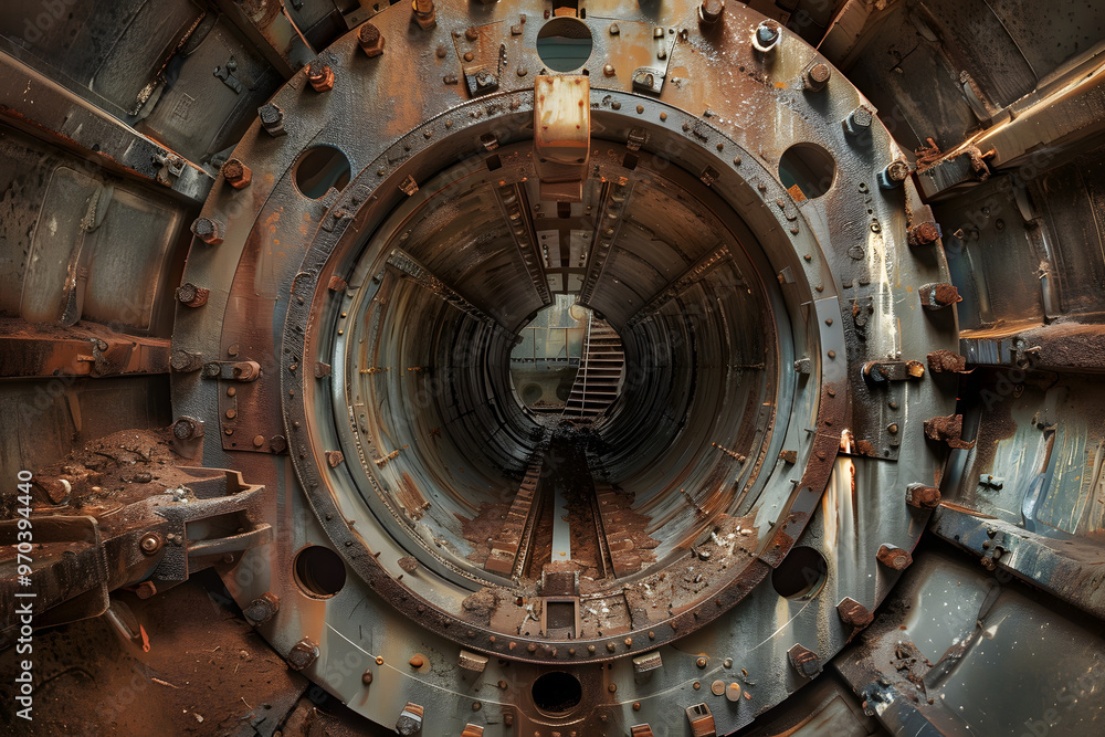 Inside view of an industrial tunnel boring machine, rusted gears, heavy machinery, mechanical engineering marvel, industrial construction, large-scale infrastructure, worn metal, engineering precision Inside view of an industrial tunnel boring machine, rusted gears, heavy machinery, mechanical engineering marvel, industrial construction, large-scale infrastructure, worn metal, engineering precision