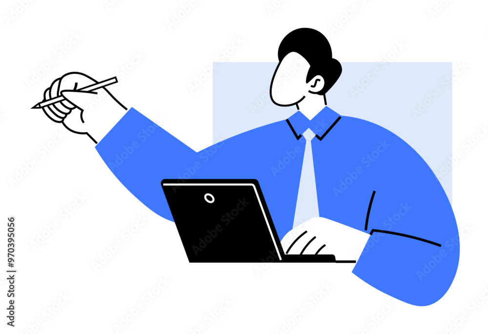 Man in a blue shirt working on a laptop and writing with a pencil in hand. Ideal for productivity, remote work, office work, multitasking, digital illustration. Clean and minimalist vector. Man in a blue shirt working on a laptop and writing with a pencil in hand. Ideal for productivity, remote work, office work, multitasking, digital illustration. Clean and minimalist vector.