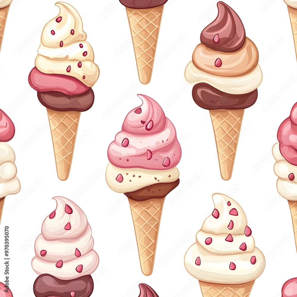 Seamless Pattern with Mouthwatering Ice Cream Desserts in Various Flavors and Toppings on White Background Seamless Pattern with Mouthwatering Ice Cream Desserts in Various Flavors and Toppings on White Background