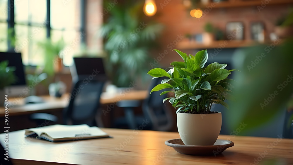 A close-up view of a vibrant plant on a desk in a modern office setting. The blurred background showcases a stylish workspace filled with greenery, creating an inviting atmosphere. A close-up view of a vibrant plant on a desk in a modern office setting. The blurred background showcases a stylish workspace filled with greenery, creating an inviting atmosphere.