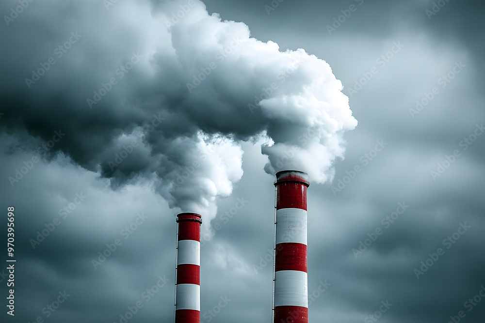 Tall smokestacks with red and white stripes releasing thick white smoke into dark clouds, reflecting the environmental impact of industrial pollution Tall smokestacks with red and white stripes releasing thick white smoke into dark clouds, reflecting the environmental impact of industrial pollution