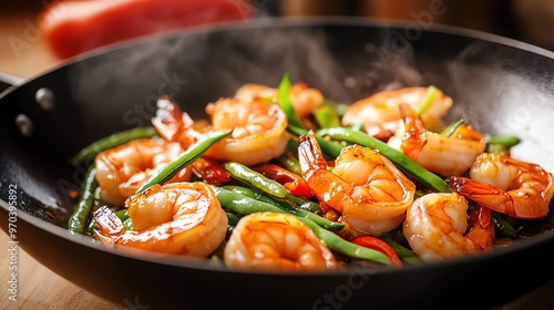 Delicious shrimp stir-fry in a pan, featuring fresh vegetables and vibrant colors, perfect for culinary inspiration.