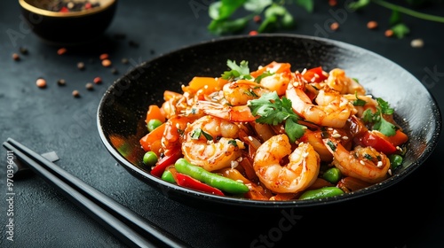 Delicious shrimp stir-fry with colorful vegetables and aromatic spices, served in a stylish black bowl. Perfect for food lovers.