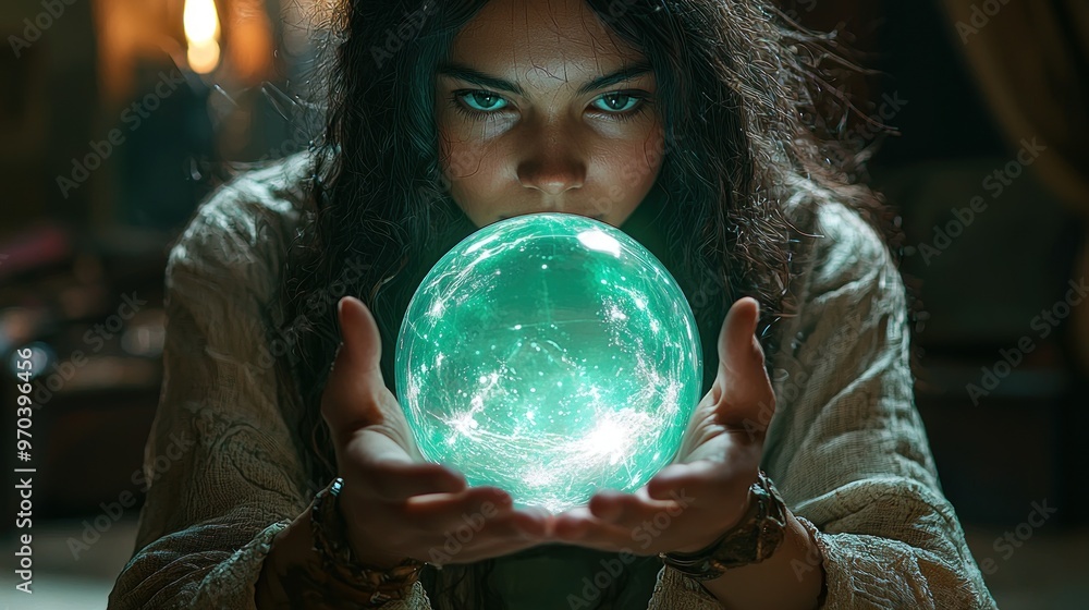 Naklejka premium Digital Oracle: AI-Powered Fortune Teller Revealing Futuristic Visions in High-Tech Mystic Setting