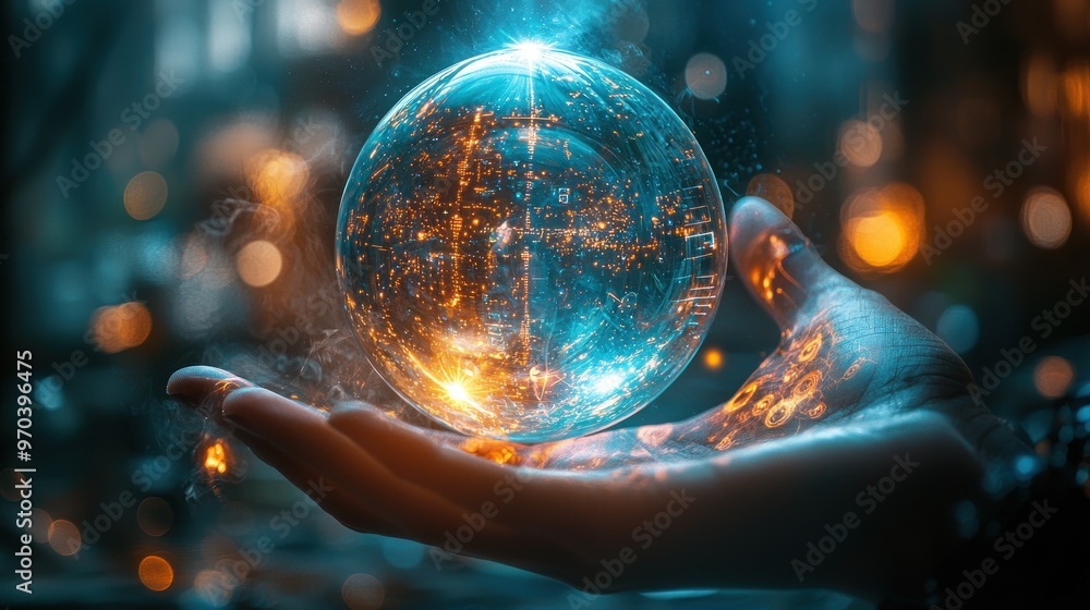 Digital Divination: AI-Powered Fortune Teller Revealing Futuristic Visions in High-Tech Mystical Setting Digital Divination: AI-Powered Fortune Teller Revealing Futuristic Visions in High-Tech Mystical Setting