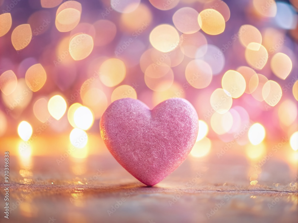 Soft focus pink heart shape glimmers amidst a whimsical bokeh lights background, radiating romance and warmth in a beautiful, pastel-hued Valentine's setting. Soft focus pink heart shape glimmers amidst a whimsical bokeh lights background, radiating romance and warmth in a beautiful, pastel-hued Valentine's setting.