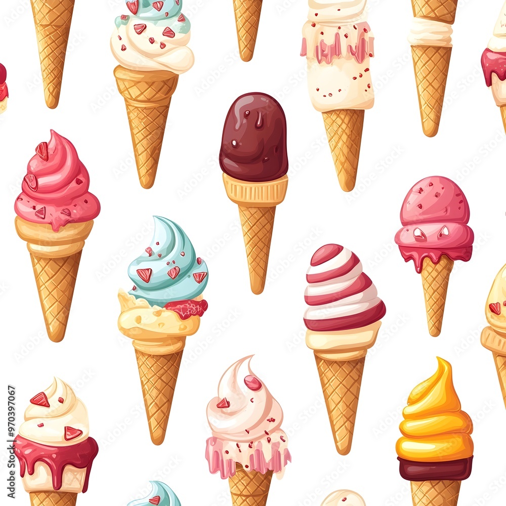 Vibrant Seamless Pattern with Assorted Ice Cream Cones and Toppings on White Background Vibrant Seamless Pattern with Assorted Ice Cream Cones and Toppings on White Background