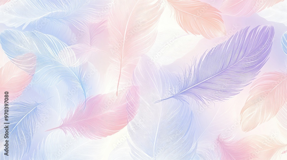 A seamless background of delicate, hand-drawn feathers in soft pastel tones, creating a light and airy design A seamless background of delicate, hand-drawn feathers in soft pastel tones, creating a light and airy design