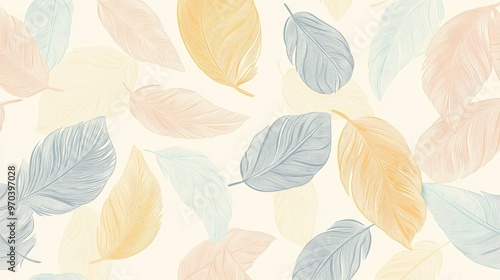 A seamless background of delicate, hand-drawn feathers in soft pastel tones, creating a light and airy design