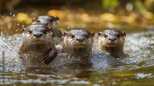 Otter Family Swimming in River